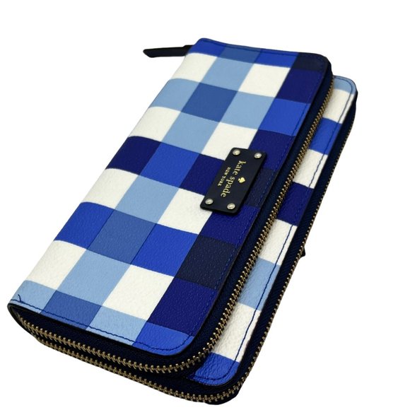 Kate Spade 4x8 Blue Gingham Checkered Leather Wallet - Picture 3 of 10